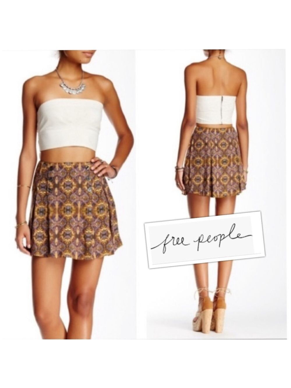 Free People Indie Vanguard Pleated Boho Whimsigoth Button Front Mini Skirt SM